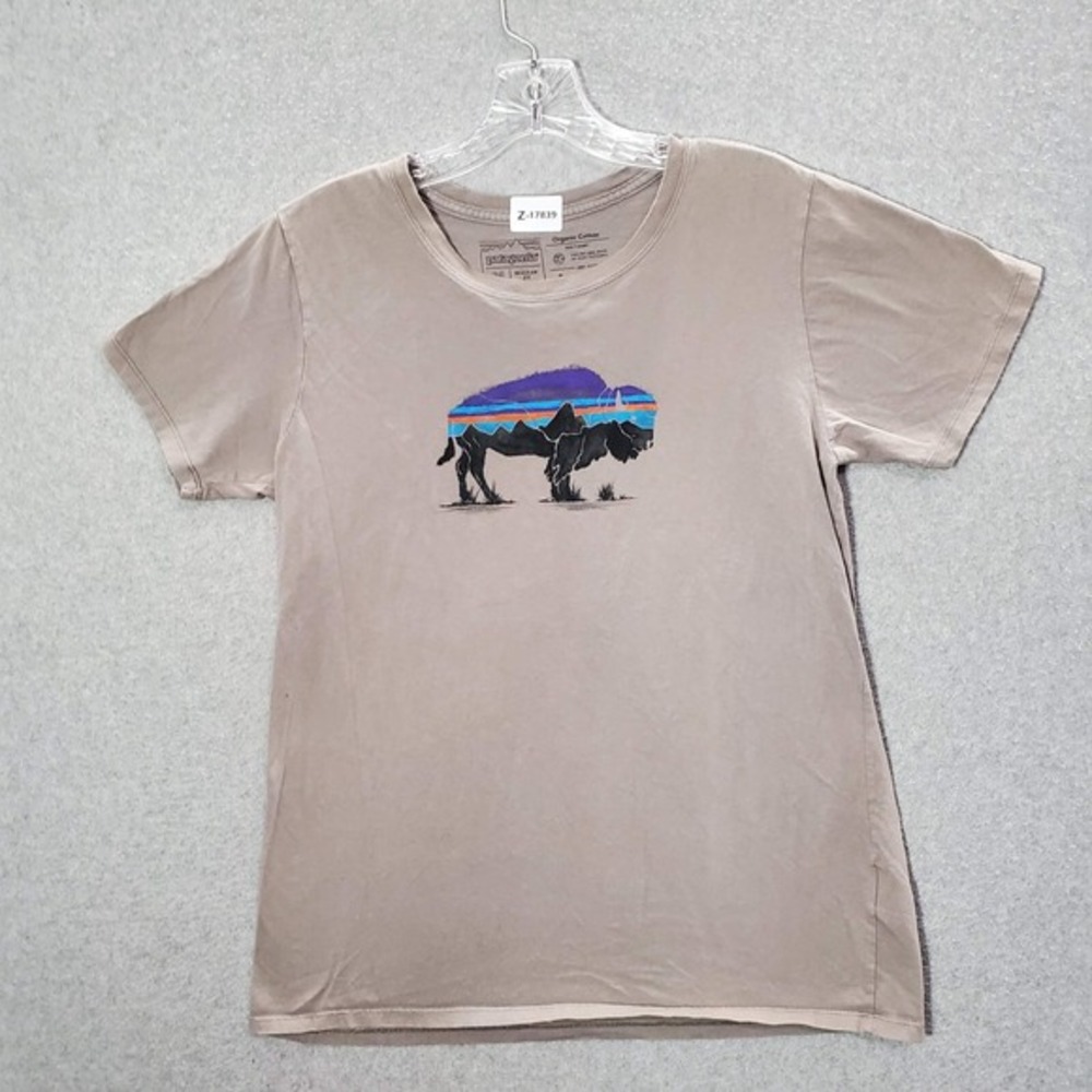 Patagonia Women Top Medium Gray Fitz Roy Bison Organic Crew Shirt‎ Cotton Tee